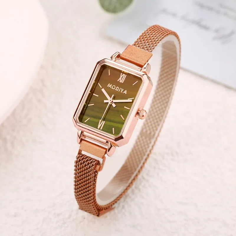 2024 Women Watches Fashion Square Ladies Quartz Watch Magnetic Strap Green Dial Simple Rose Gold Mesh Luxury Women Watches