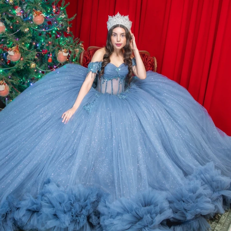 

Sea Blue Shiny Quinceanera Dresses Off The Shoulder Applique Lace Beading Tiered Tull Corset Party Birthday Sweet 16 Dress Vesti