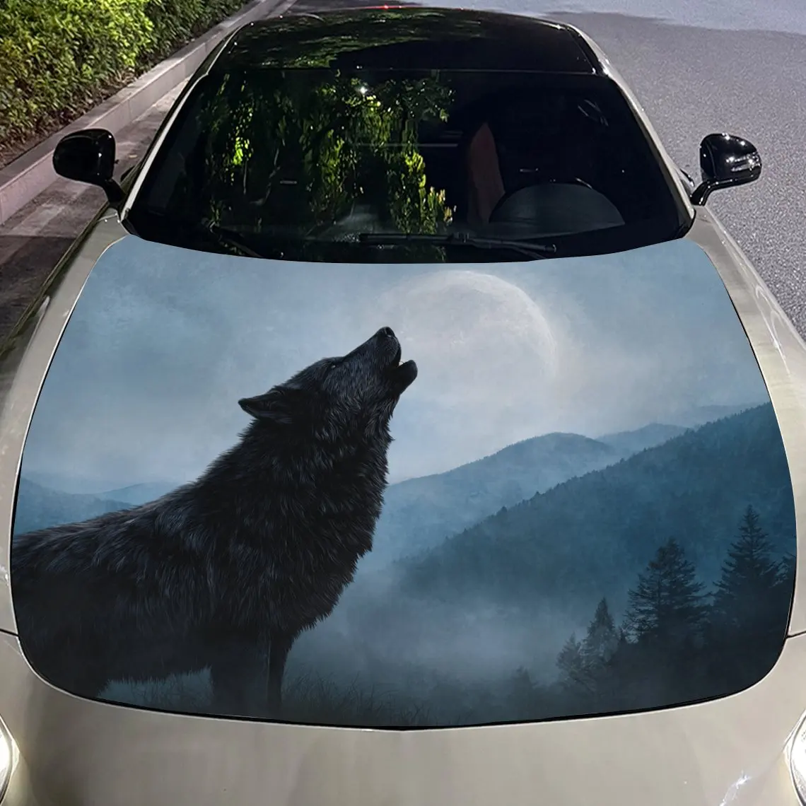 ملصق غطاء محرك السيارة على شكل ذئب يعوي على اكتمال القمر في الغابات الجبلية، شارات رسومات من الفينيل ذاتية اللصق مقاومة للماء، D