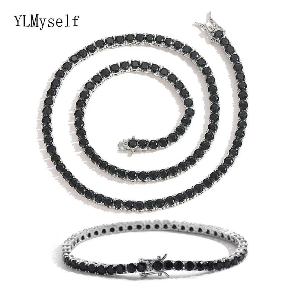 

Brass 3MM/4MM/5MM Black Tennis Necklace+Bracelet 2 pcs Sets Cubic Zircon Hiphop Rock Chain Jewelry Men