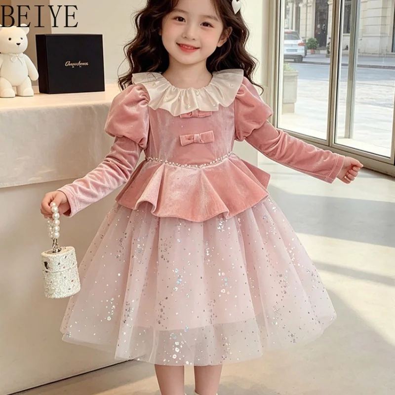 Little Girl Princess Pink Tutu Dress Spring and Autumn New Birthday Fashion Style Dress Children Long Sleeve Sweet Dress