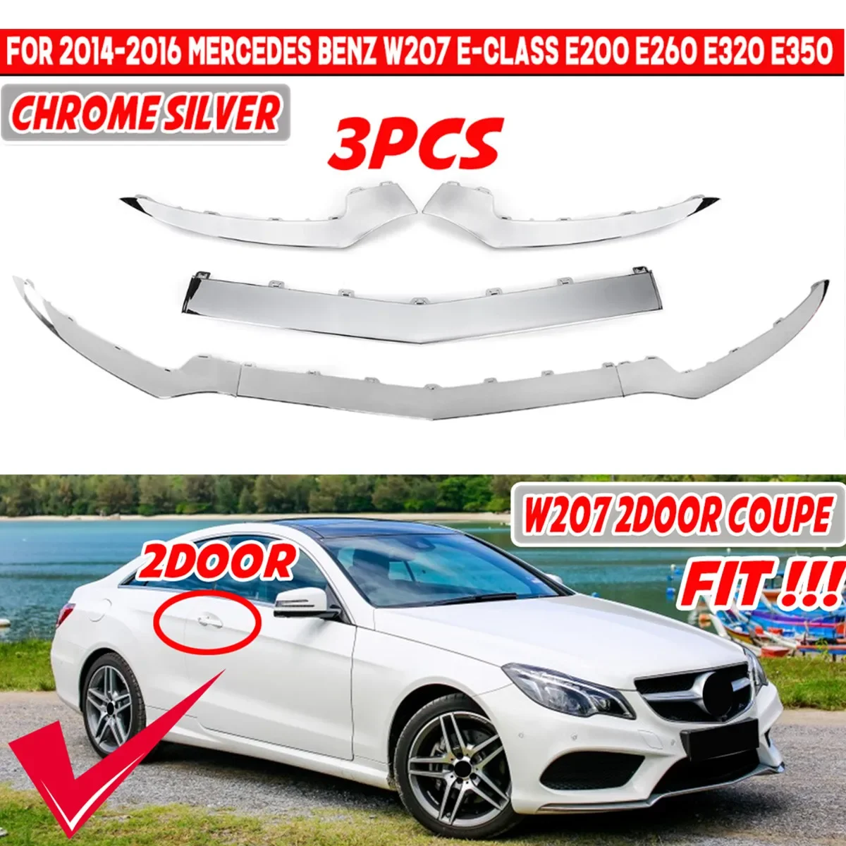 Coupe For Mercedes Benz W207 A207 C207 E-Class E200 E320 E350 2-Door 2014-2016 Chrome Silver Front Bumper Lip Body Kit Spoiler