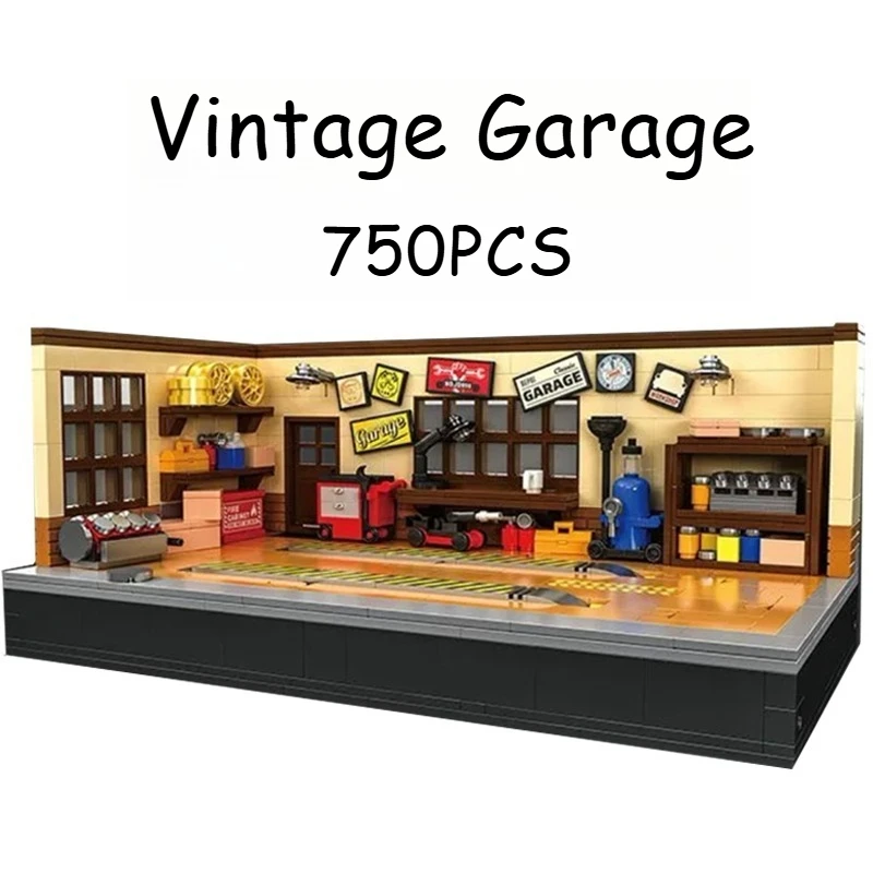 750PCS Vintage Garage met Hefplatform, Creatieve Voertuig Auto Reparatiewerkplaats, Verzamel Bouwstenen Bakstenen DIY Speelgoed Geschenken