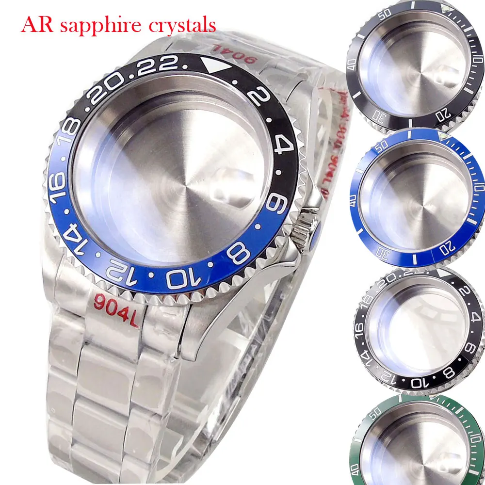 40mm Anti-reflection Sapphire Glass Watch Case 10ATM Fit NH35A NH34A ETA 2824 PT5000 AR Glass Steel Strap Unidirectional Bezel