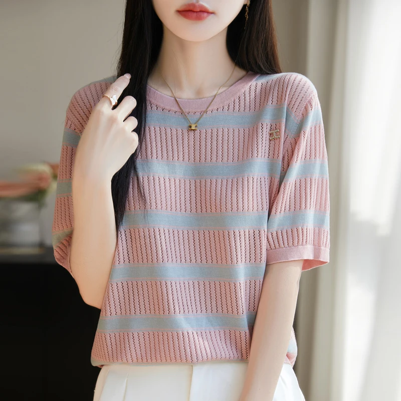 

Women's T-shirt Summer New 100% Lyocell Knitted Sweater Short Sleeve Casual Stripe O-neck Pullover Loose Korean Version Soft Top