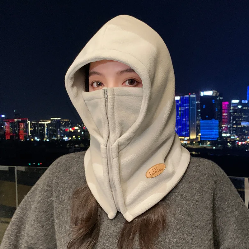 Fleece Hooded Neck Warmer Zipper Balaclava Hat Leather Label Decor Wind‑Proof Integrated Hood Scarf for Cold Winter Outdoor Wear