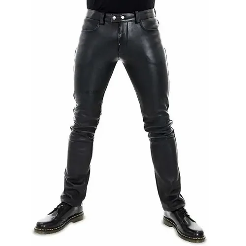 Imagen 2 del producto Pantalones de cuero para hombre, novedad de 2022, pantalones de motocicleta de cuero PU de Color sólido, pantalones elásticos de ocio estilo Punk, pantalones ajustados de longitud completa