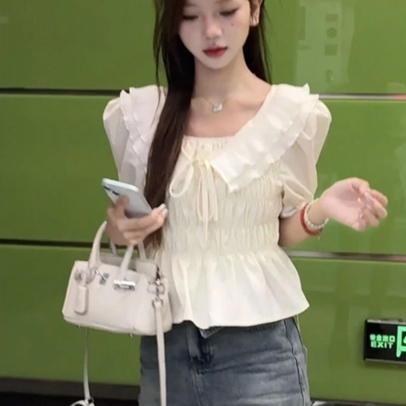 T-shirts Dames Zoete Franse stijl Ruches Pofmouwen Esthetische Mooie meisjes Gedefinieerde taille Chique streetwear Leeftijdverminderende zomer