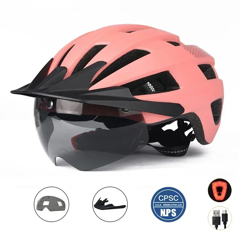 MTB Road Bike Racing Helmet with Magnetic Sun Visor LED Tail Light Safety Helmet for Men Women Mountain Cycling Gear