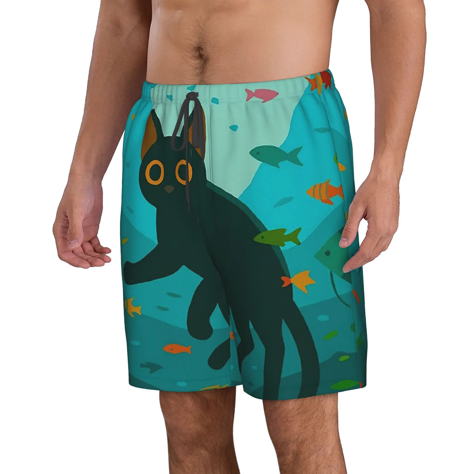 Cat Peeking Into Water Staring at Swimming Fish Trunks Beach Board Shorts Casual Quick Dry Swimming Summer Men Pants