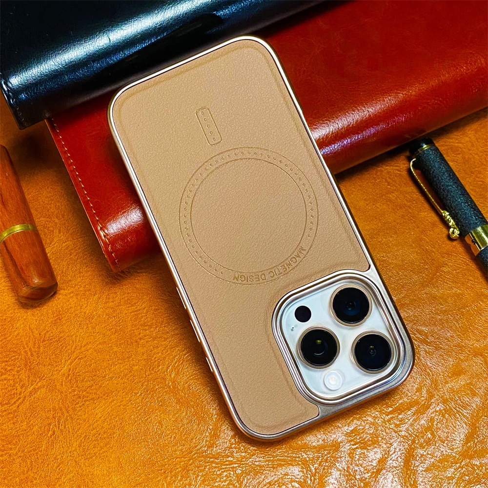 

Luxury Business Plating Soft Frame Leather Magnetic Case For iPhone 16 15 14 13 Pro Max Magsafe Wireless Charge Shockproof Cover