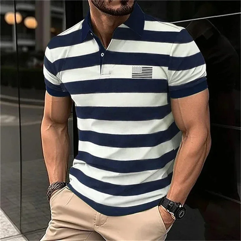 

Fashion Two-Tone Stripe Print Polo T Shirt For Men 3D National Flag Pattern Short Sleeve Casual Lapel Loose Top Summer Golf Wear