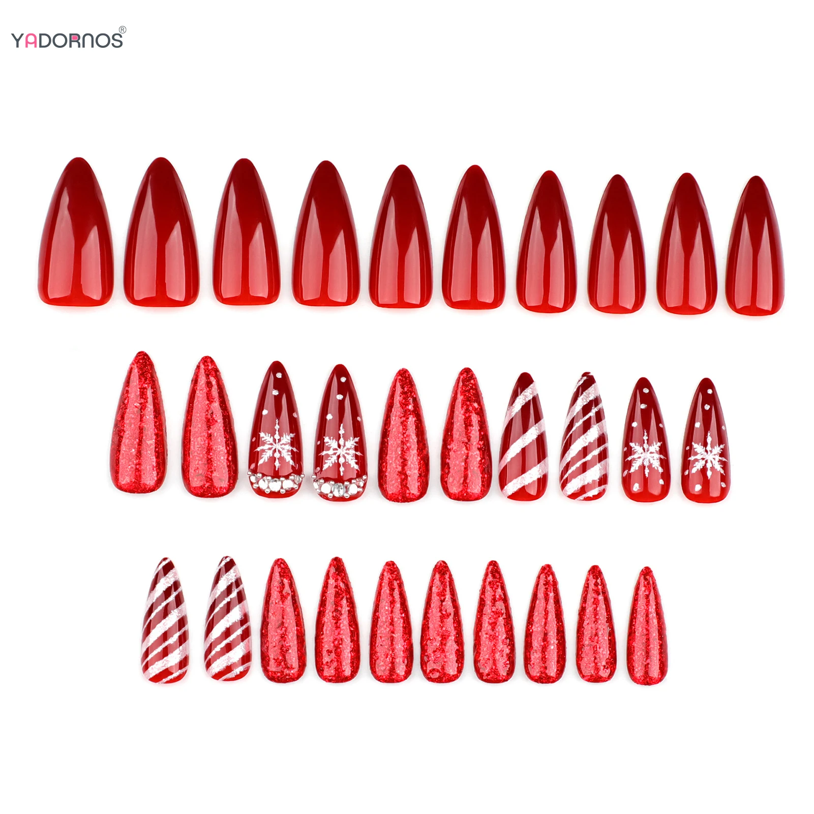 24szt Candy Stripe Fałszywe Paznokcie Na Boże Narodzenie Impreza Biały Płatek Śniegu Flash Diamond Red Sequins Press On Nail Long Almond Fake Nai