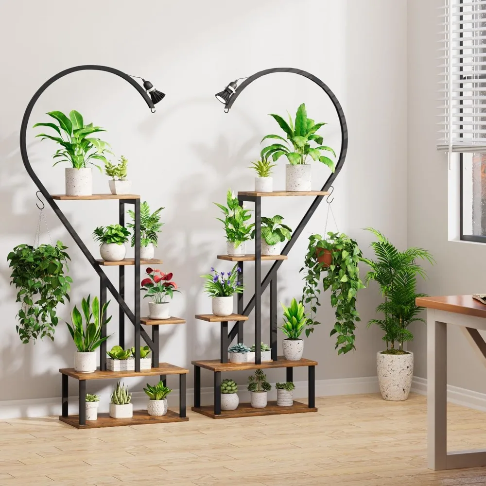 5 Tier Tall Indoor Plant Stand with Grow Lights, Large Metal Heart Plant Shelf Display Rack for Indoor Plants Multiple,Black