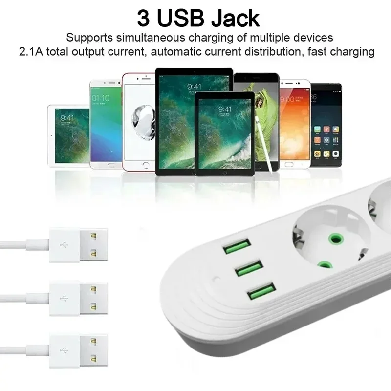 الاتحاد الأوروبي مقبس الطاقة 2 متر كابل 3USB جاك 3/4/5 ثقوب 2500 واط قطاع الطاقة مخرج تيار متردد مع تمديد الحبل ماكس 2.1A مأخذ توصيل محول الشحن