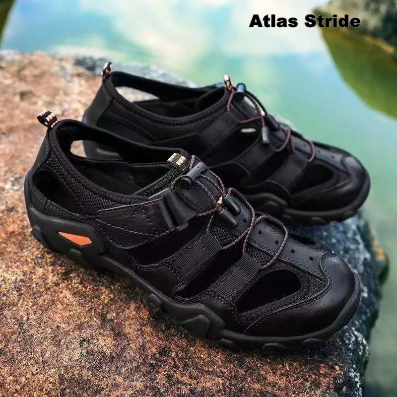 Premium Men's Quick-Dry Outdoor Sandals, Waterproof Leather & Mesh Upper Adjustable Bungee Laces with Anti-Slip Sole for Hiking