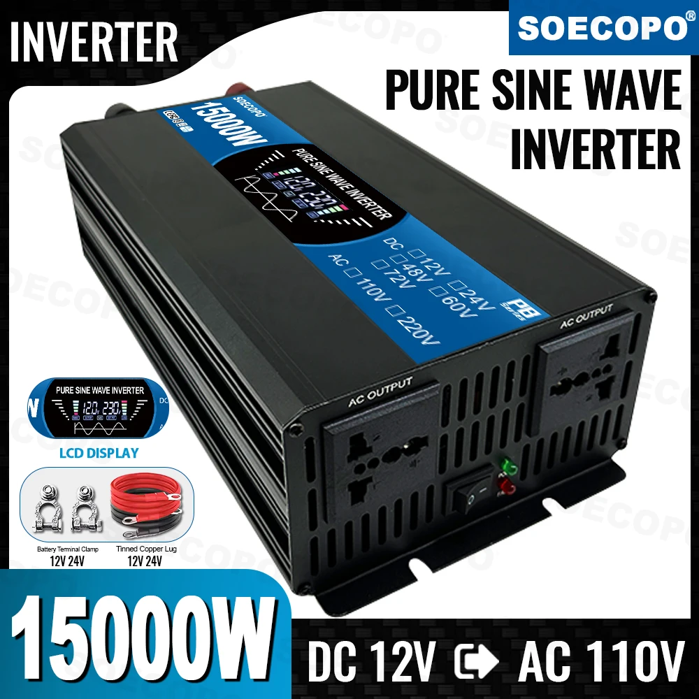 SOECOPO 15000W Pure Sine Wave Inverter 2 Sockets 12V to 110V Car Voltage Converter, Power Adapter for Car Accessories & Camping