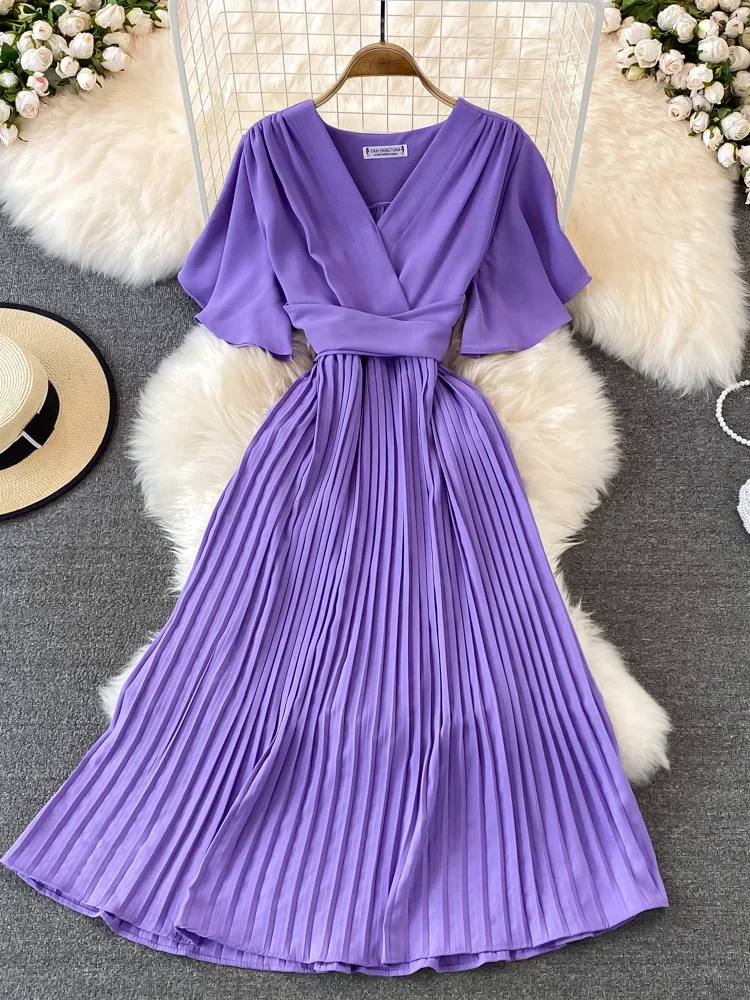 Summer Vintage Women's Dress Elegant Green/Red/Purple/Yellow V-Neck Pleated Midi Dress Casual Female Clothes New Fashion