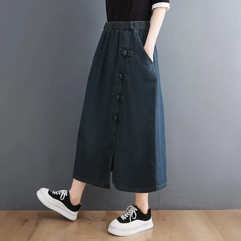 Retro Buttoned Denim Skirt Women\'s Elastic Waist Irregular A-Line Spring Summer Loose Jeans Saias h863