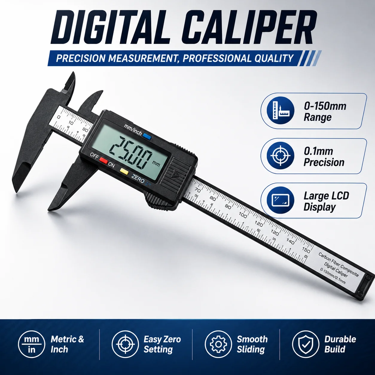 Paquímetro Digital de 150mm 0.1mm, Medidor Eletrônico de 6 Polegadas para Medição de Joias e Trabalhos em Madeira DIY, Ferramenta de Régua Digital