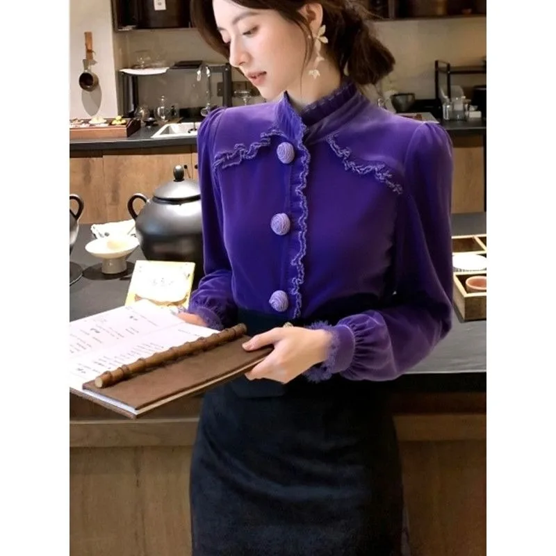 Purple Three-dimensional Floral Velvet Shirt with French Design Sense Light Luxury Niche Style and High-end Feel Women's Winter