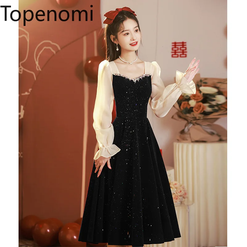 

Topenomi Black Sequin Quinceanera Dresses Women French Retro Patchwork Flare Sleeve Waist A-line Party Dress Luxury Vestido Slim