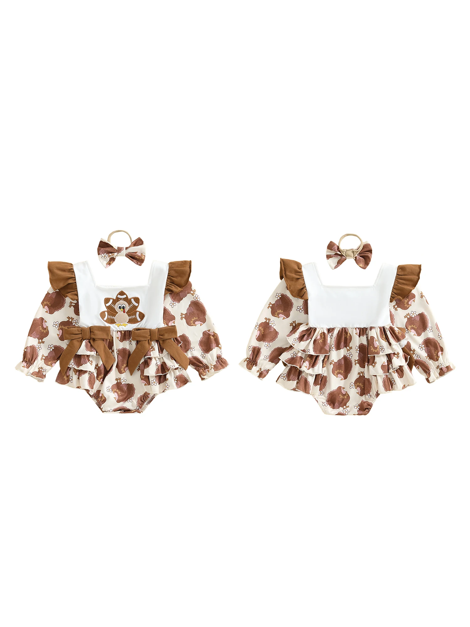 

Thanksgiving Day Baby Girl Romper with Turkey Embroidery Long Sleeve Jumpsuit and Matching Headband for a Festive Look