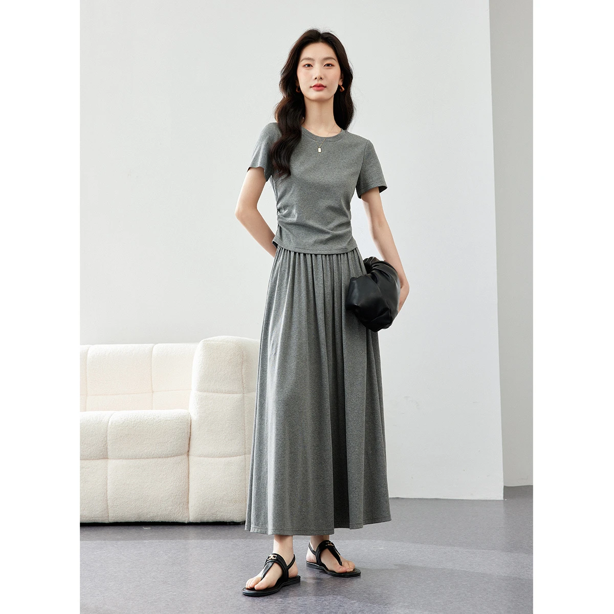 VIMLY Women Two Piece Set Summer Casual Cotton Short Sleeve T-shirt Elastic Waist Long Skirt 2026 Fashion Matching Outfit M7669 image 2