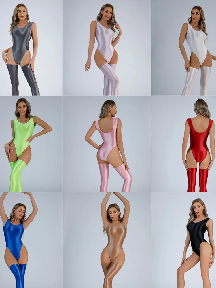 Glossy Shiny Swimsuit High Cut Thong Bodysuit Tights Elastic Spandex Catsuit Athletic Gym Yoga Body Tops Teddies Sexy Swimwear