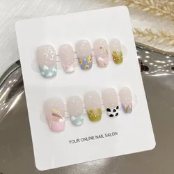 10pcs Handmade Cute French Clouds Rainbow Cartoon Short False Nails with Glue Decoration Women's Sets Press on Nails with Design