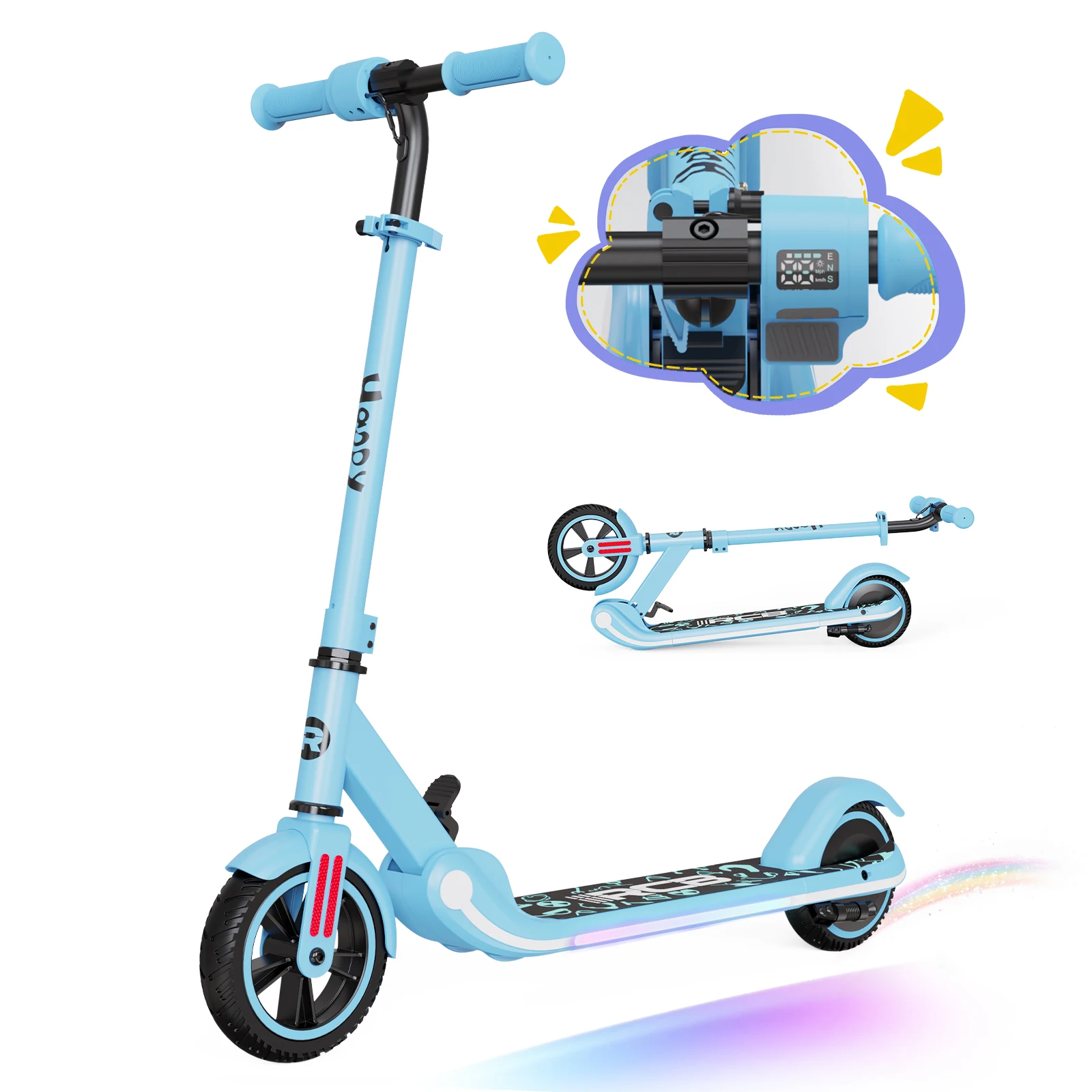RCB R11 elektrische scooter kind 6-12 jaar oud, snelheid 16 KM/H, bereik 8KM, LED-scherm, kleurrijke verlichting, lichtgewicht, ideaal cadeau