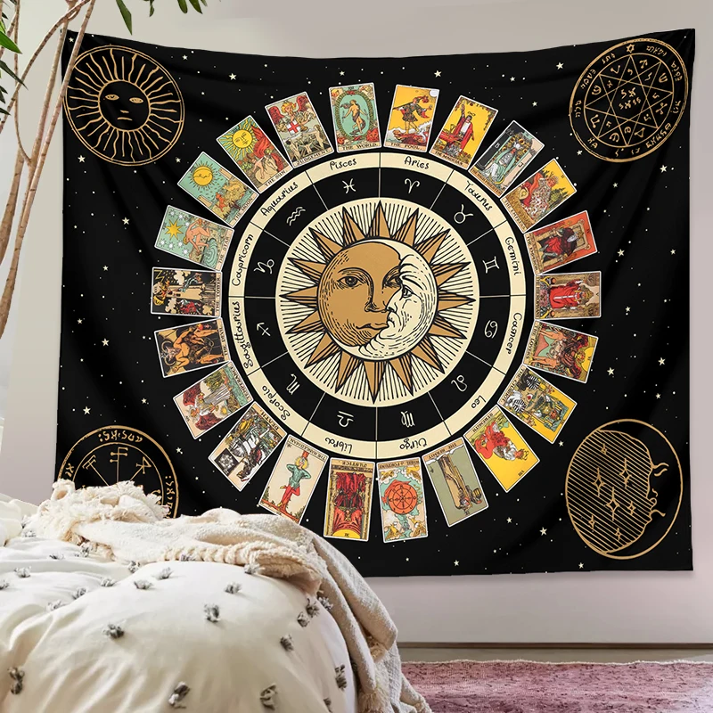 

Constellation Tarot Card Tapestry Wall Hanging Wheel of the Zodiac Astrology Chart Sun and Moon Tarot Wall Decor Decoration Home