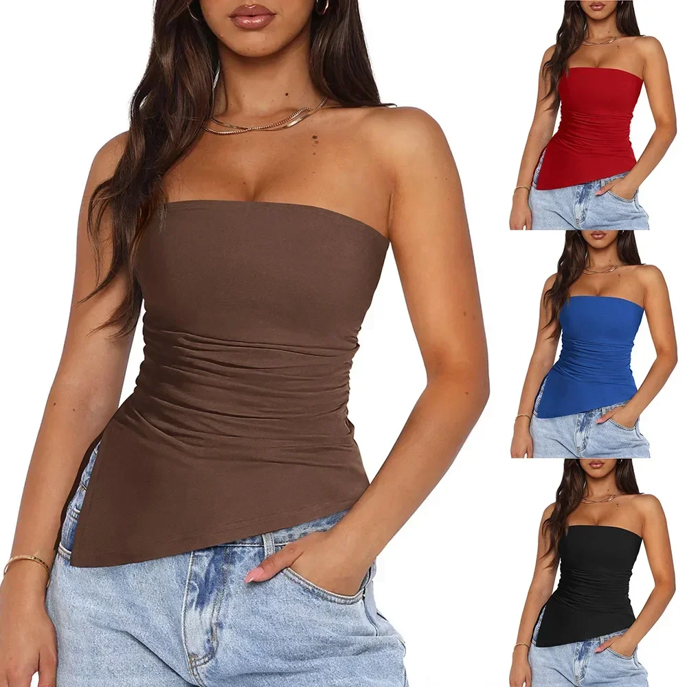 Pop Strapless Ruched Asymmetrical Tube Top For Women Off Shoulder Bandeau Shirt Solid Color Side Split Fit Top Ladies Strapless