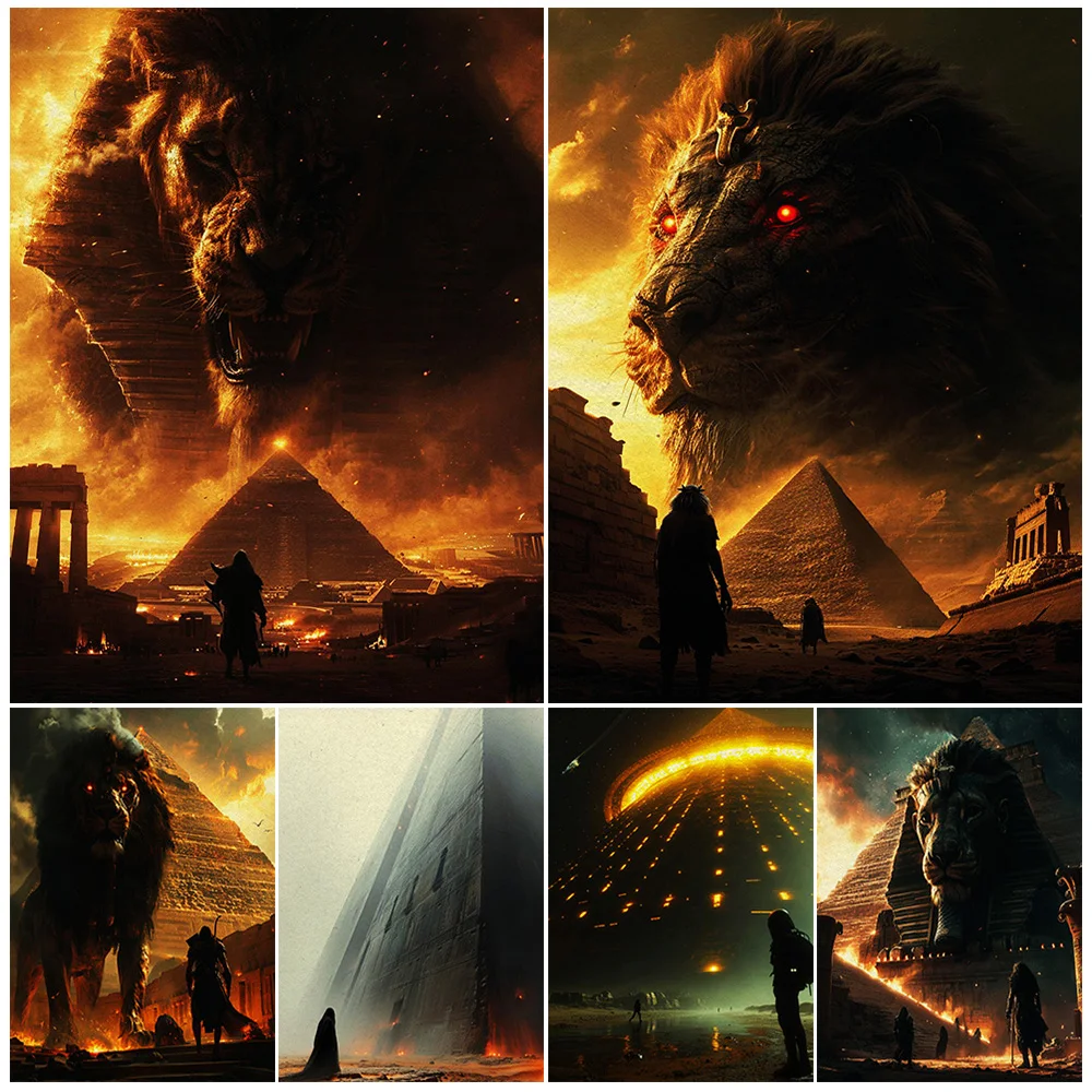 Mysterious Pyramids,Aliens,Ufo,Guardian Beasts,Gothic Wall Art Canvas Painting Extraterrestrial Civilization Fantasy Art Poster