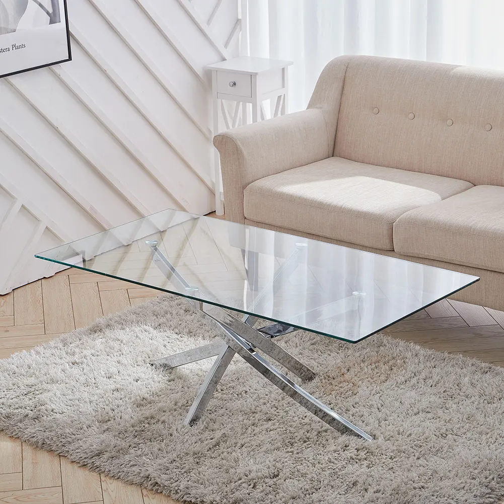 120x60CM Rectangle Tempered Glass Top Side Table with Chrome Legs