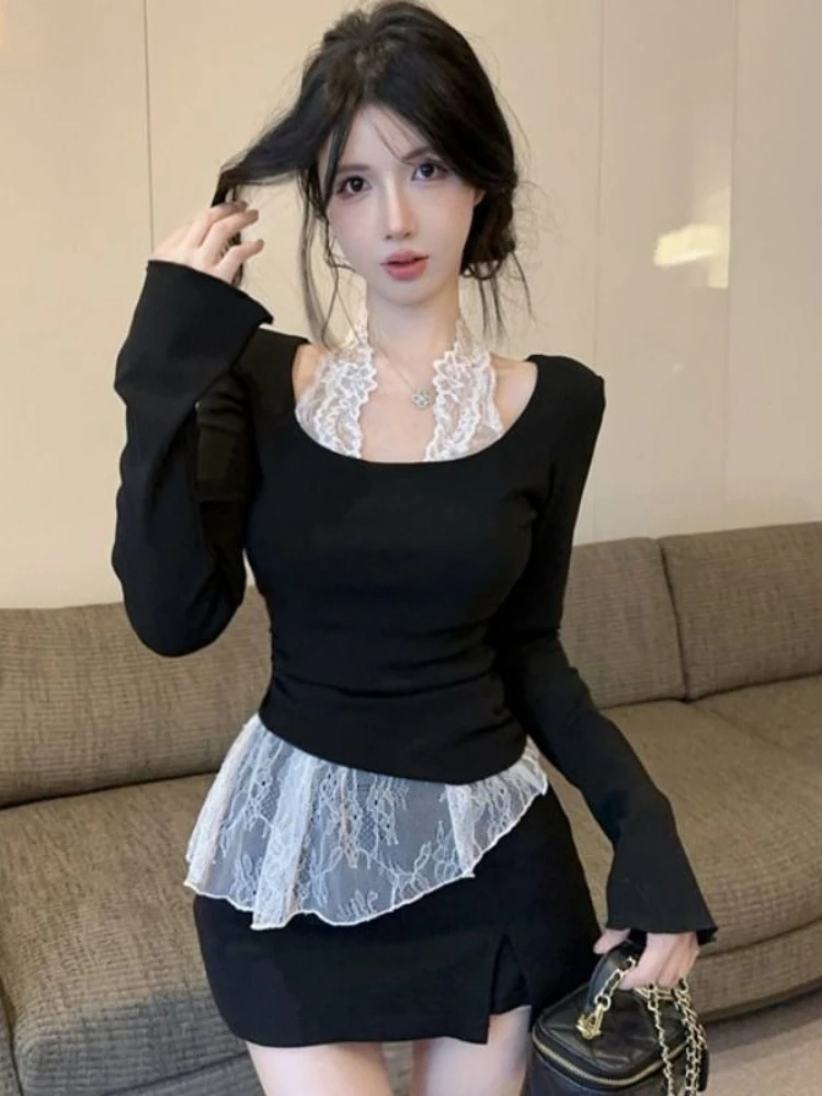 

Women Lace Patchwork Halter Neck Fake Two Piece Long Sleeve Tee Slim Fit Chic Blouse Trendy Top for Streetwear Instagram Look