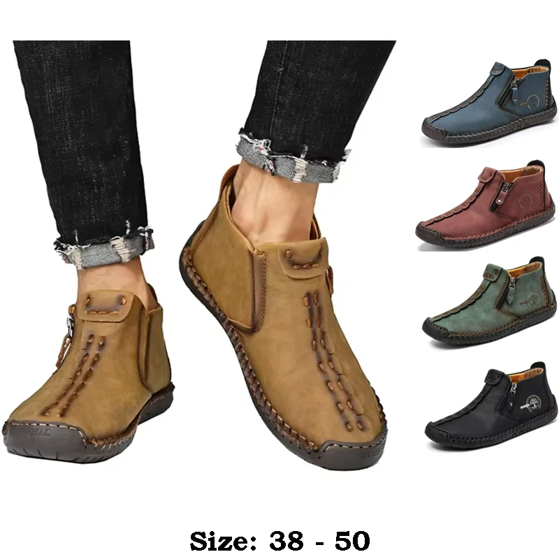 

High quality ankle leather boots for men cotton thickening new 2025 autumn winter size 48 49 50 plush warm walking shoe brown