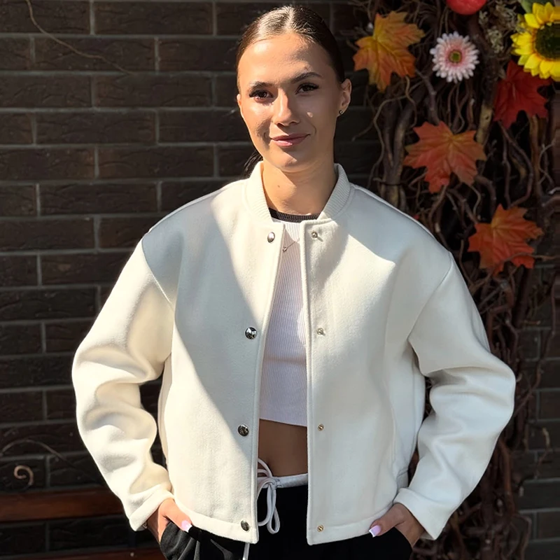 HXAO Bijgesneden beige jas Damesbomberjack Demi-seizoen Mode O-hals Knoop Lange mouw Jassen Chique Elegant Zacht Bovenkleding