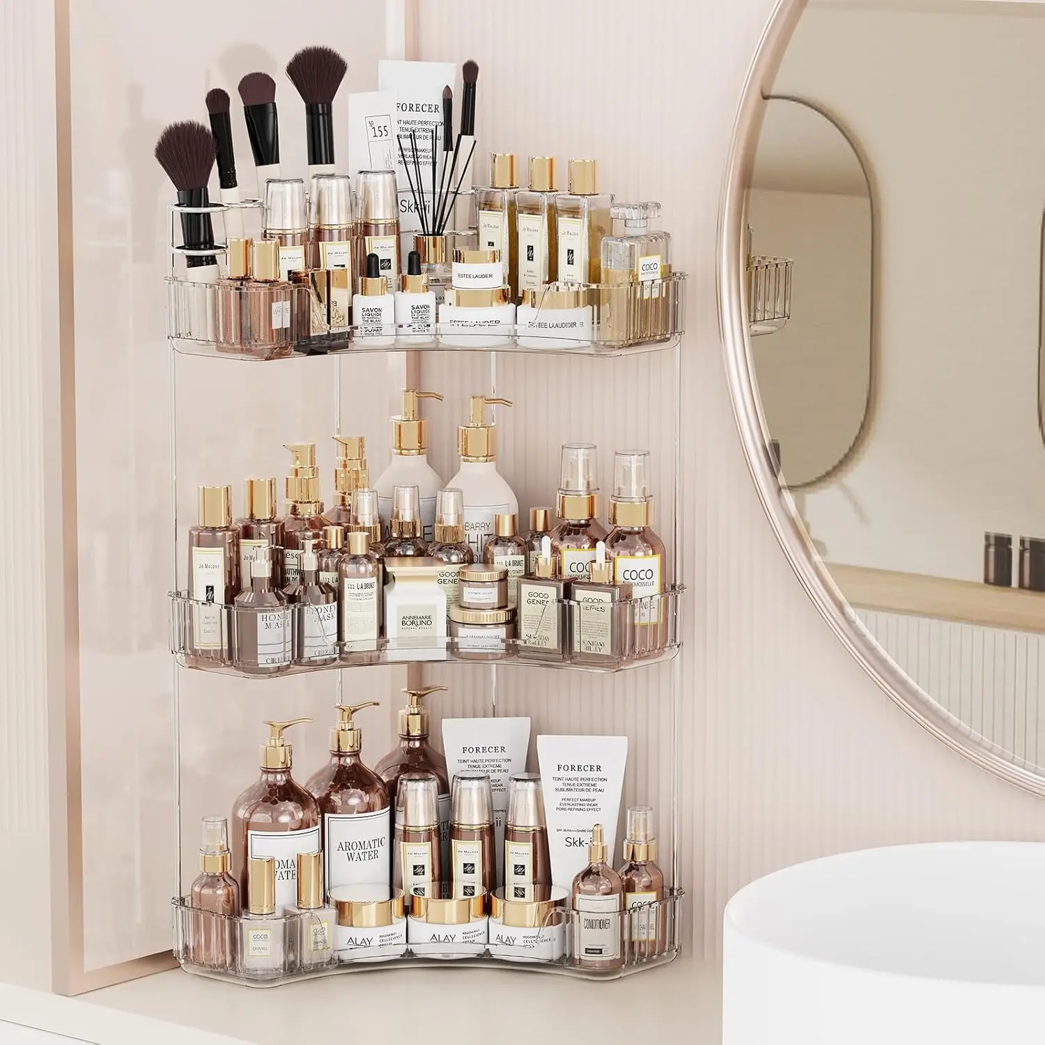 

3-Tier Corner Bathroom Counter Organizer with Toothbrush Holder, Large Makeup Organizer Countertop with Brush Holder, Skincare