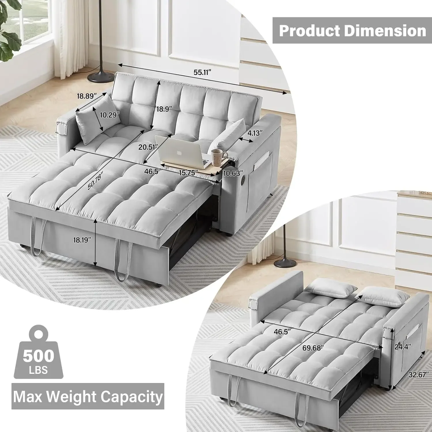 Convertible Sofa Bed,3-in-1 Velvet Sleeper Couch Pull-Out Bed,55'' Sleeper Sofa Bed with Adjustable Backrest with 2