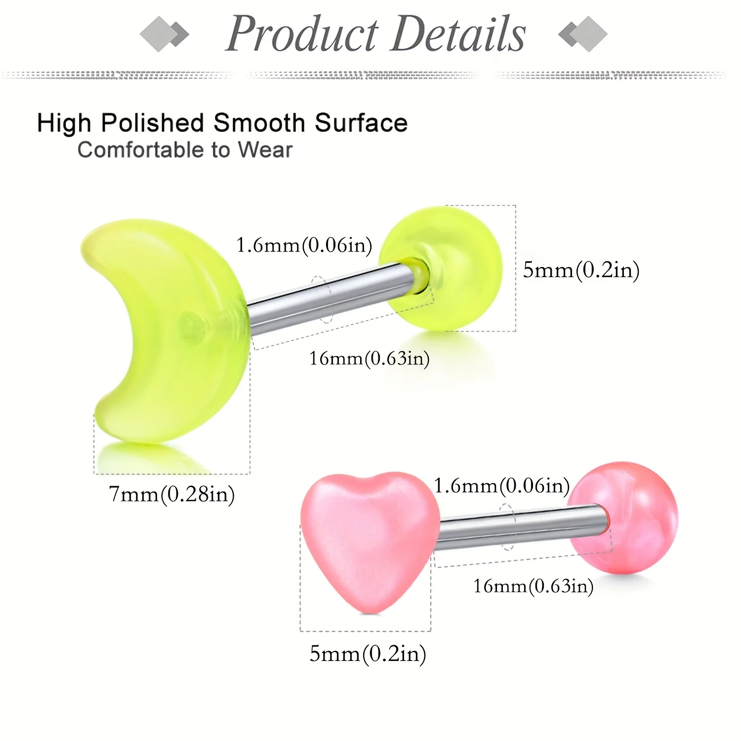 15PCS 16mm Stainless Steel Glow In The Dark Acrylic Tongue Rings, Straight Barbells Heart Moon Shape Tongue Piercing Jewelry