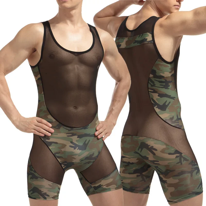2025Solid color simple men's one-piece vest camouflage mesh splicing foreign trade catwalk fashion jumpsuit onesie D6436