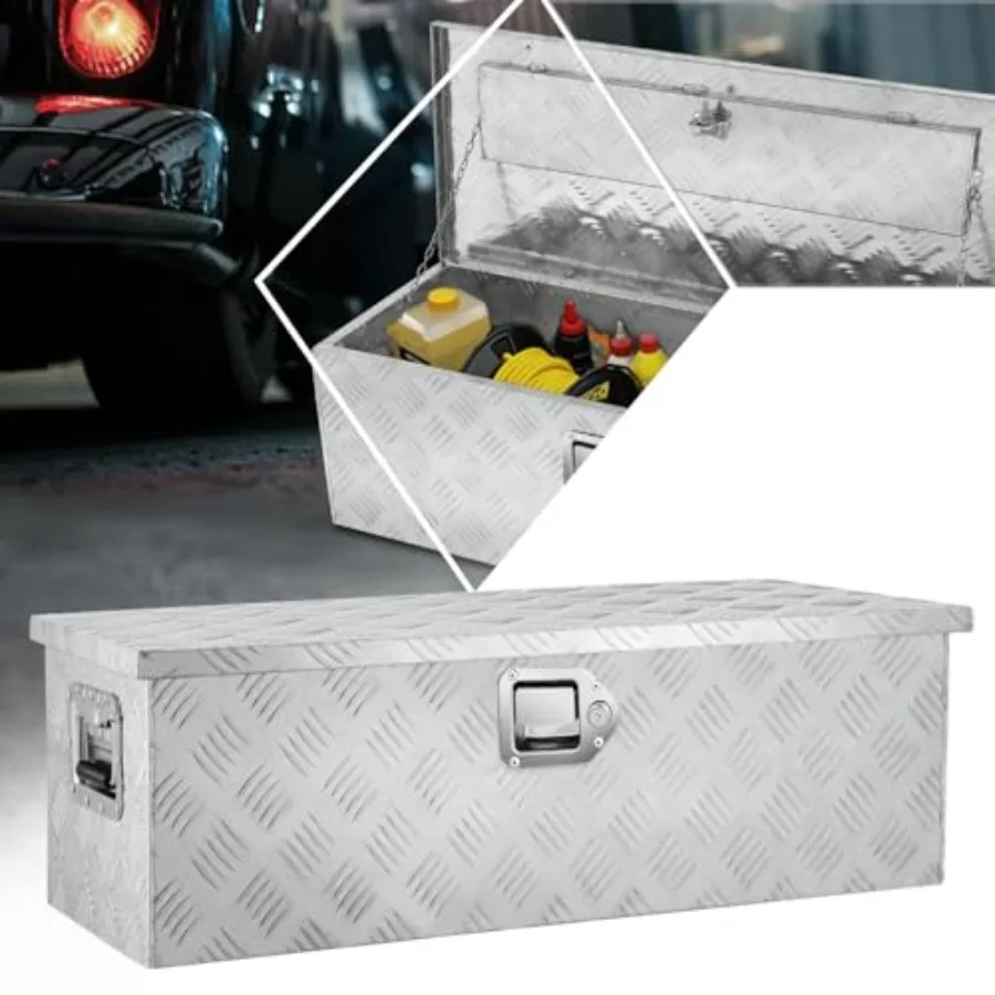 

Silver Aluminum Steel Heavy Duty Trailer Tool Box Chest Box Pickup Truck Bed Storage Toolbox with Recessed Side Handles and 2 K