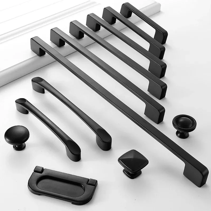 مقبض ممتد بفتحة واحدة سوداء على الطراز الأمريكي، مقبض باب خزانة ملابس بسيط وحديث، أجهزة أثاث للدرج
