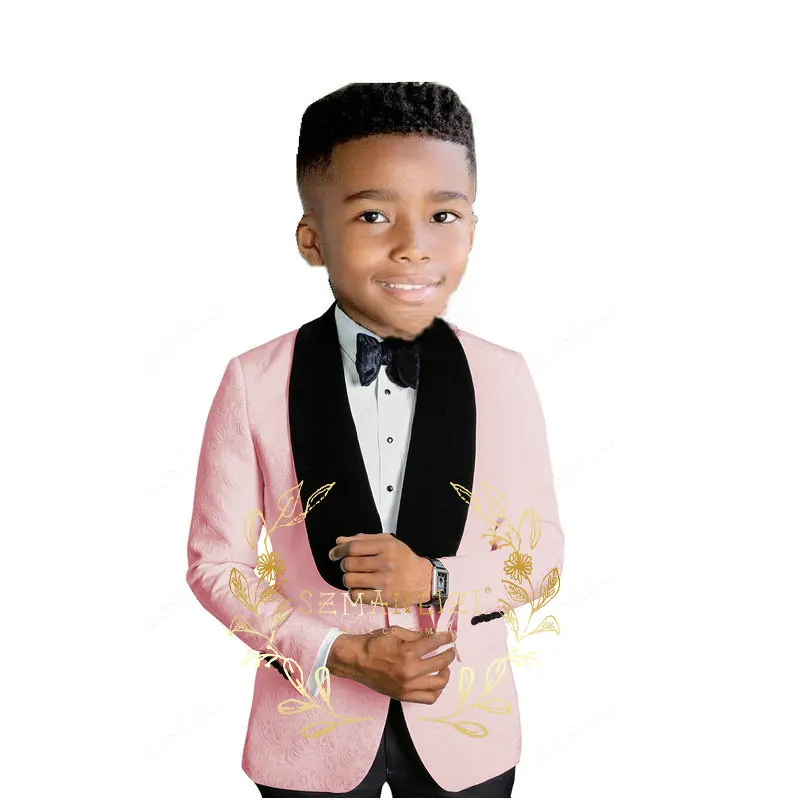 Boy's Wedding Suits Champagne Jacquard Black Velvet Lapel Kids Tuxedo 2 Pcs Prom Party Suits For Children Jacket Pants Blazers