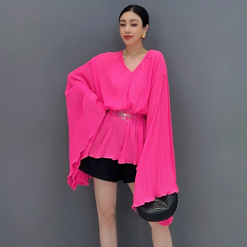 SuperAen Spring/Summer 2024 New Loose Pleated Chiffon Shirt Flare Sleeve V-neck Top Fashion Elegant Shirt