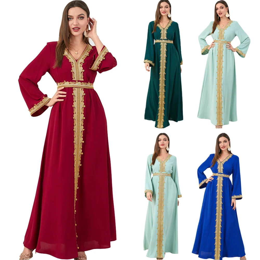 

Moroccan Caftan Muslim Long Dress Women Full Sleeve Autumn Islamic Clothes Arab Abaya Eid Ethnic Turkey Dubai Middle East Robe