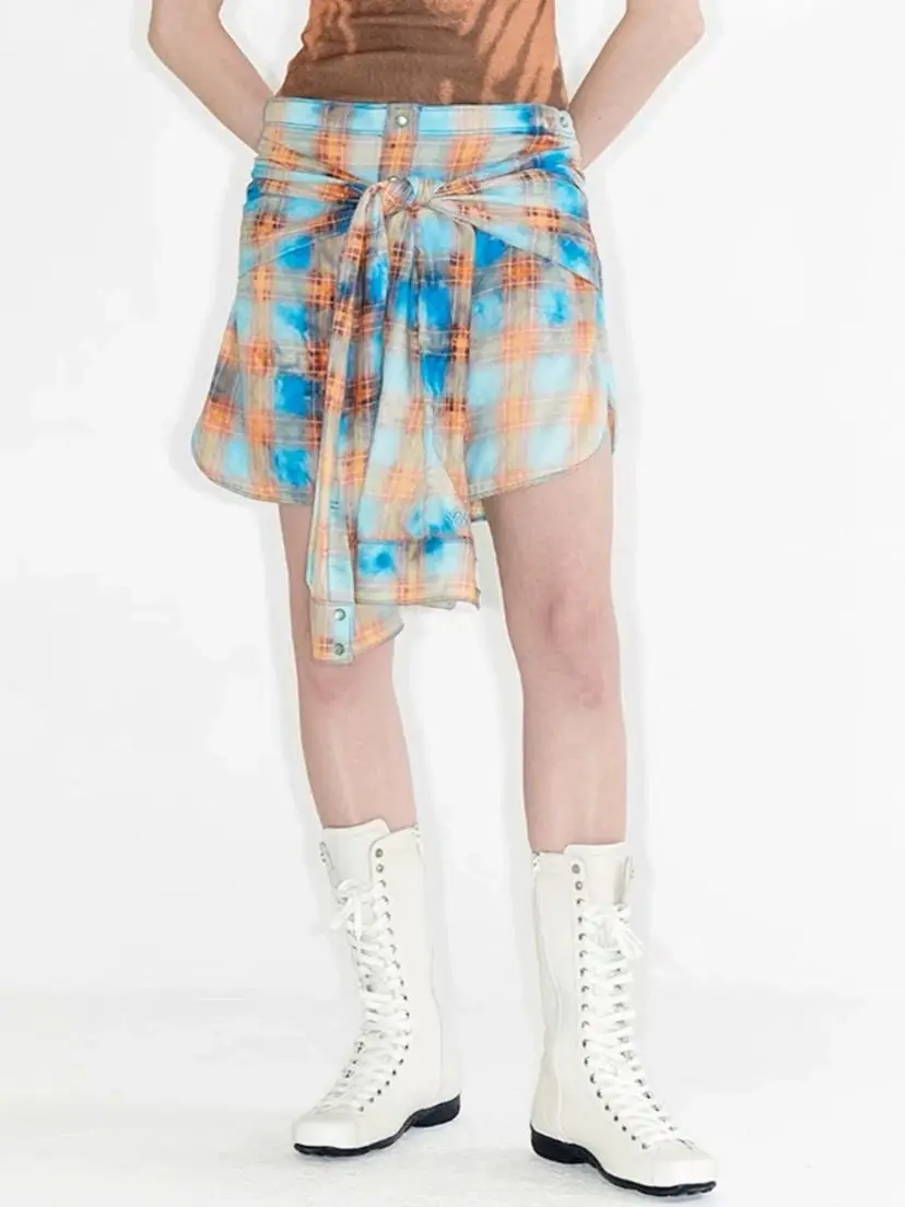 

OPEN YY Half-body skirt 2025 fashion Korean new retro faded casual plaid long-sleeved shirt Half-body skirt Set