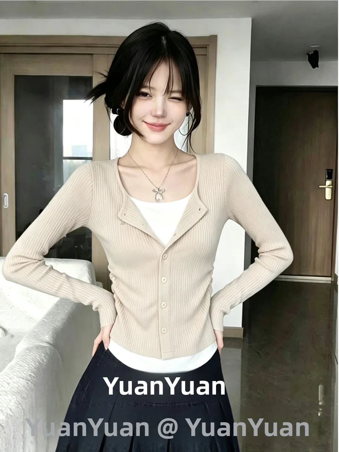Casual Vintage Long Sleeve T-Shirt Women's Grey Shoulder Level Top Spring Autumn New Style Fake Two-Piece Polyester Breathable