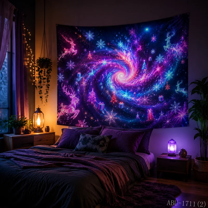 VIKAMA Neon Purple Blue Galaxy Vortex Reindeer Gift Tree Snowflake Starry Christmas Tapestry Wall Hanging Bedroom Living Room